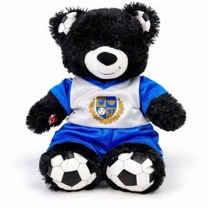 Build-A-Bear Black Soccer Bear Plush 16" Blue Uniform Soccer Ball Feet Ears BABW